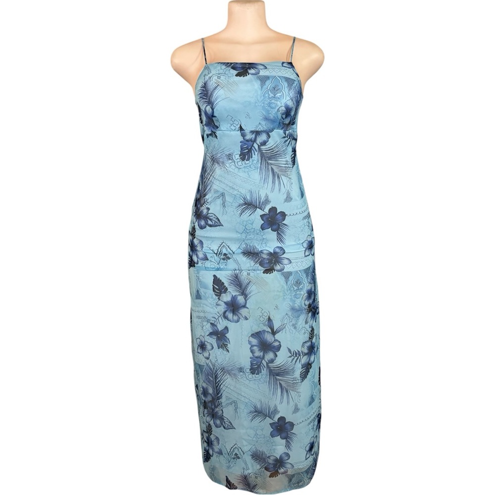 Vtg Y2K Blue Floral Slip maxi Dress Tropical Beach Vacation Maxi Dress size 3/4